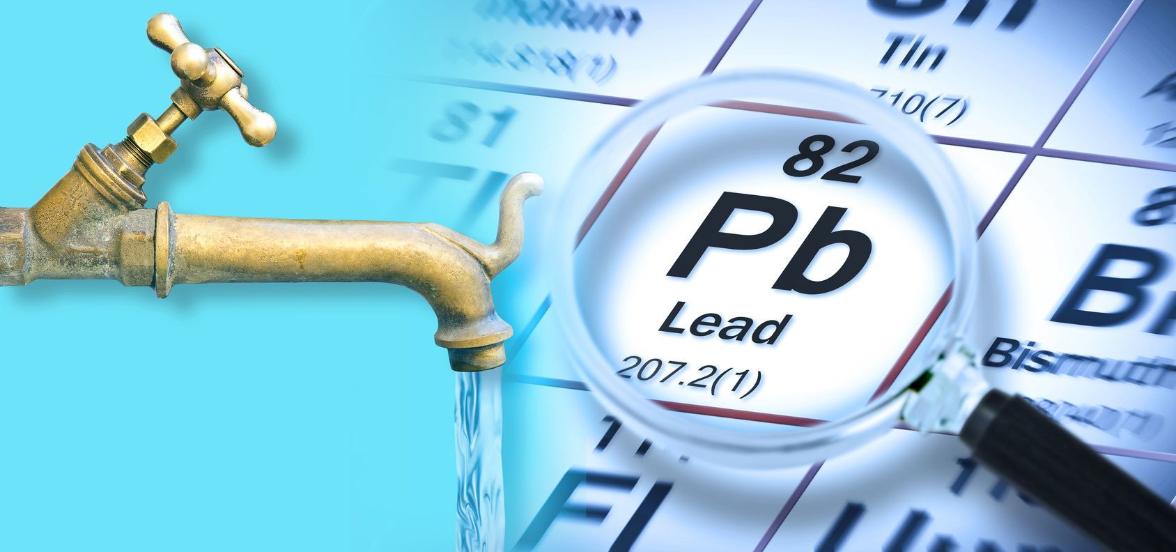 Presence Of Lead In Drinking Water Concept With The Mendeleev Periodic Table And Old Water Brass Faucet